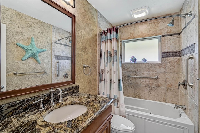 full bathroom featuring vanity, toilet, and shower / bathtub combination with curtain