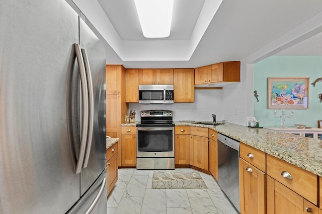 kitchen with a raised ceiling, light stone counters, sink, and stainless steel appliances