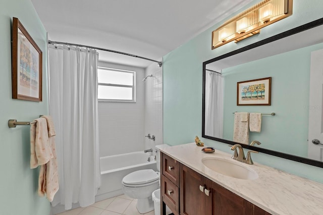 full bathroom featuring tile patterned flooring, vanity, toilet, and shower / tub combo with curtain