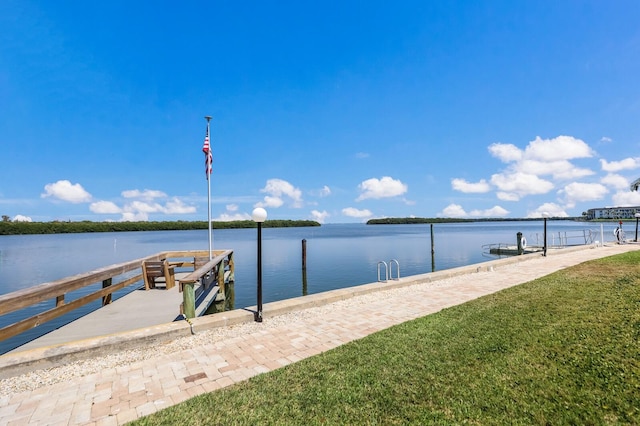 view of dock featuring a water view and a lawn