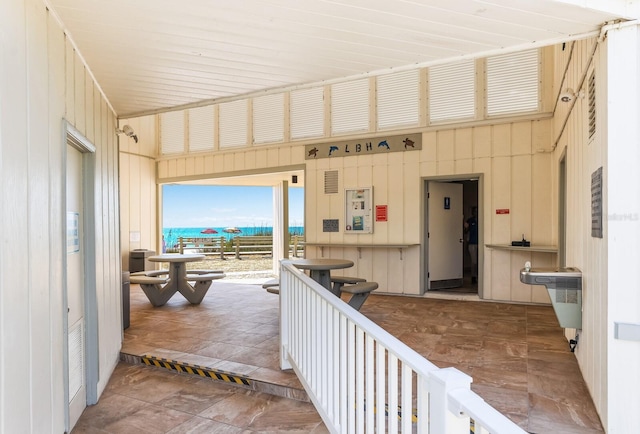 interior space with a water view