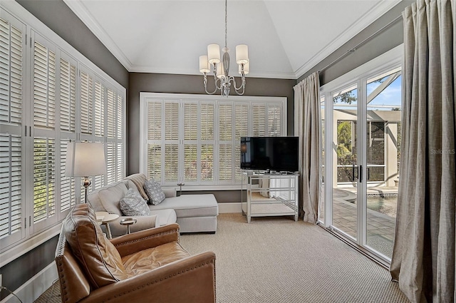 interior space with vaulted ceiling and an inviting chandelier