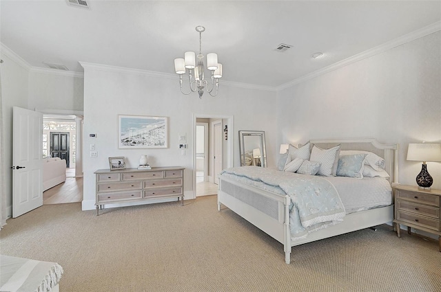 bedroom with a chandelier, light colored carpet, and crown molding