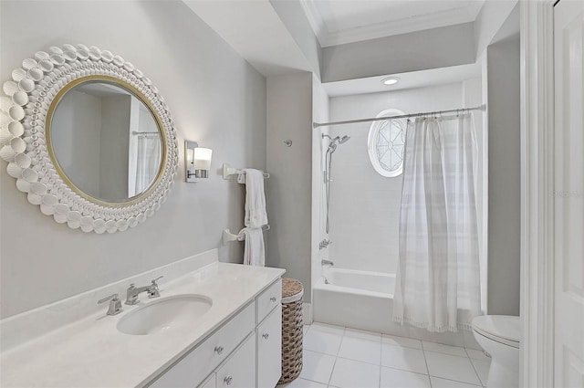 full bathroom with vanity, crown molding, shower / bathtub combination with curtain, tile patterned flooring, and toilet