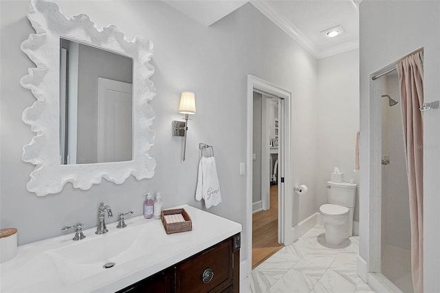 bathroom featuring vanity, crown molding, a shower, and toilet