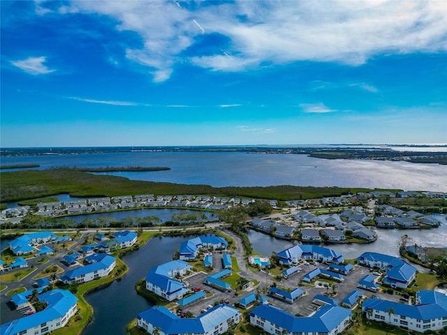 drone / aerial view featuring a water view