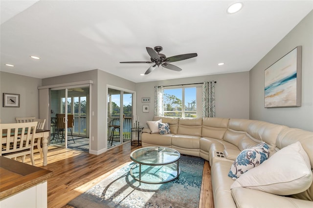 living room with ceiling fan and hardwood / wood-style floors