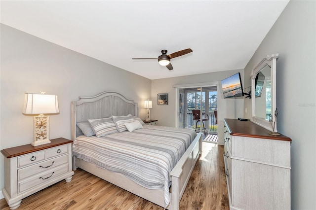 bedroom with light wood-type flooring, access to outside, and ceiling fan