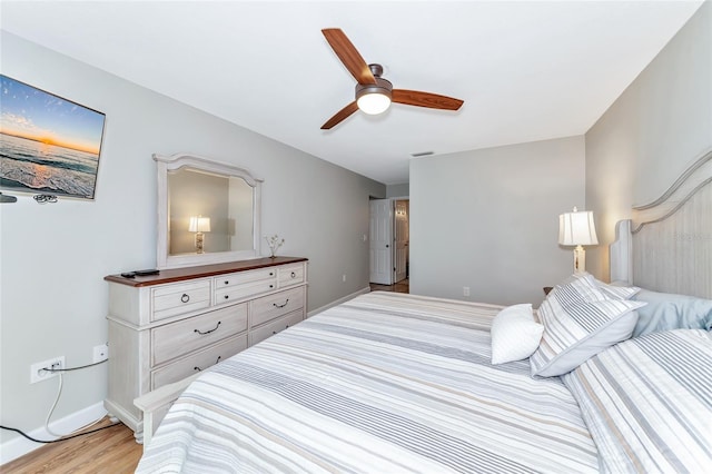 bedroom with ceiling fan and light hardwood / wood-style floors