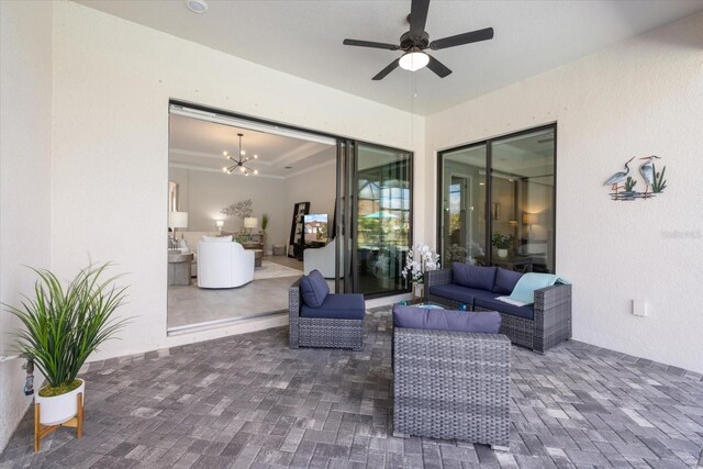 view of patio featuring ceiling fan and an outdoor living space