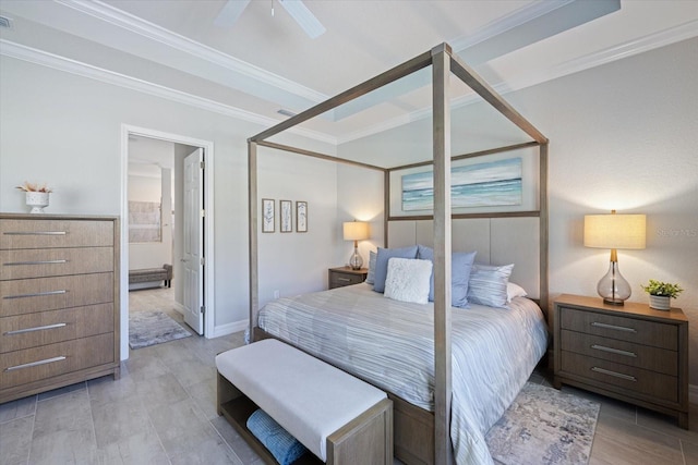 bedroom featuring a ceiling fan, connected bathroom, visible vents, and crown molding