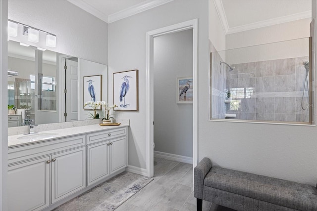 full bathroom featuring baseboards, toilet, walk in shower, crown molding, and vanity