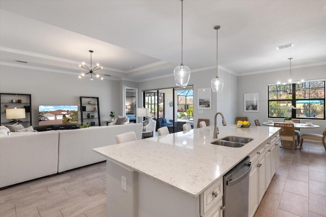 7130 Whittlebury Trl, Bradenton, FL 34202 - kitchen featuring a sink, a chandelier, stainless steel dishwasher, open floor plan, and crown molding