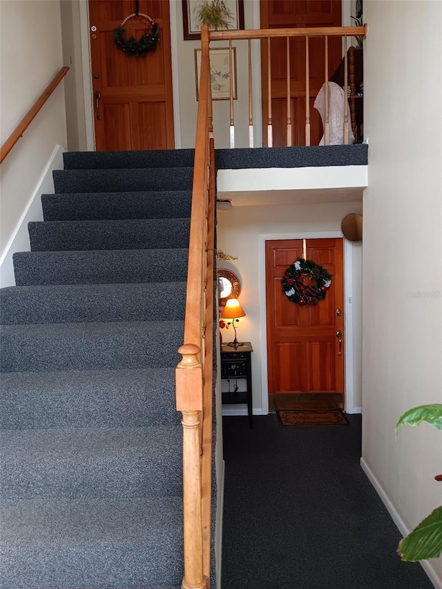 staircase with carpet floors