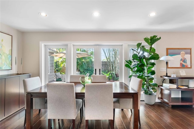 dining room with french doors and dark hardwood / wood-style flooring