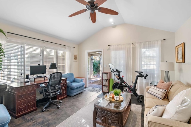 tiled office space featuring ceiling fan and vaulted ceiling