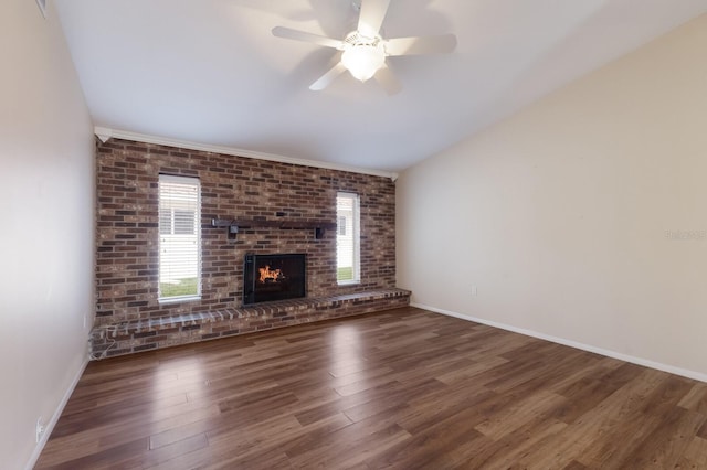 unfurnished living room with ceiling fan, dark hardwood / wood-style flooring, and a fireplace