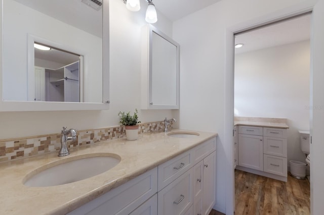 bathroom with tasteful backsplash, vanity, and wood-type flooring