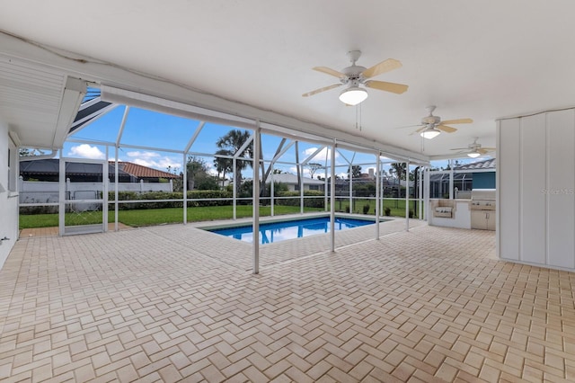 view of pool with ceiling fan