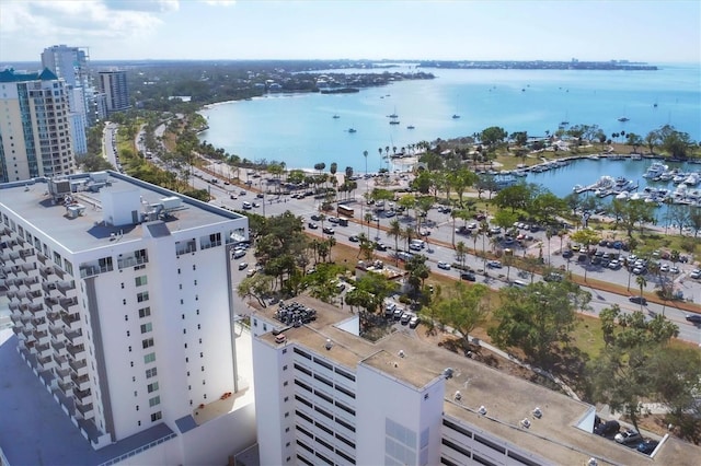 drone / aerial view featuring a water view