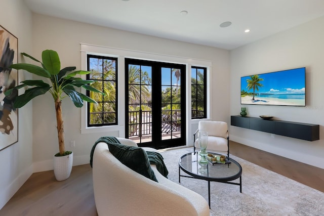 living room with a healthy amount of sunlight, french doors, and light hardwood / wood-style floors