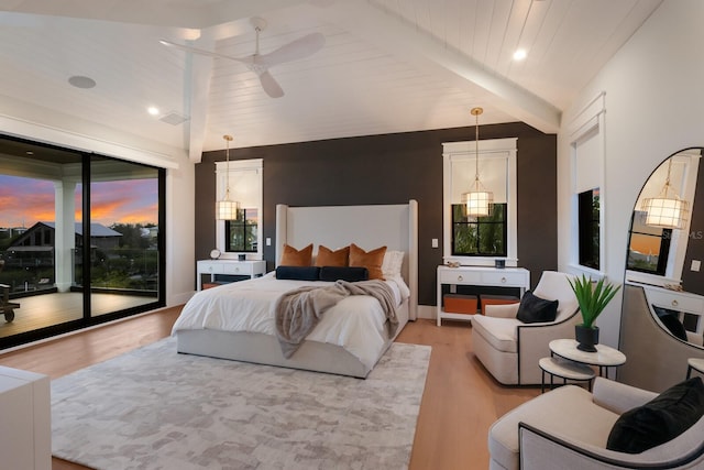 bedroom with access to exterior, ceiling fan, wooden ceiling, and light wood-type flooring