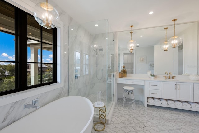 bathroom featuring vanity and plus walk in shower