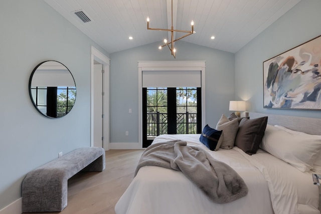 bedroom featuring wooden ceiling, access to outside, an inviting chandelier, lofted ceiling with beams, and light hardwood / wood-style floors