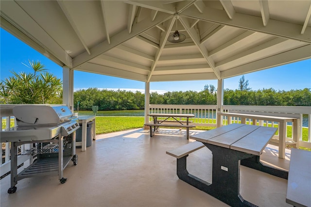 view of patio / terrace featuring a gazebo and a grill