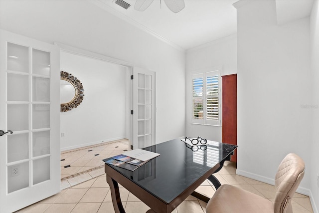 tiled office space with ceiling fan, ornamental molding, and french doors