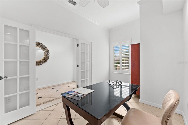 108 Corte Del Rosa, Venice, FL 34285 - office space with light tile patterned flooring, crown molding, and a ceiling fan
