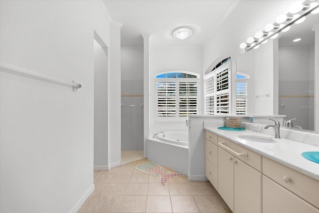 bathroom featuring tile patterned floors, separate shower and tub, crown molding, and vanity