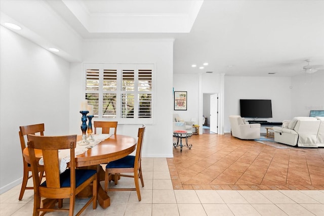 108 Corte Del Rosa, Venice, FL 34285 - dining area featuring light tile patterned floors, recessed lighting, ceiling fan, and crown molding