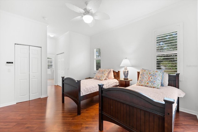108 Corte Del Rosa, Venice, FL 34285 - bedroom with multiple windows, dark wood-style flooring, ornamental molding, ceiling fan, and multiple closets