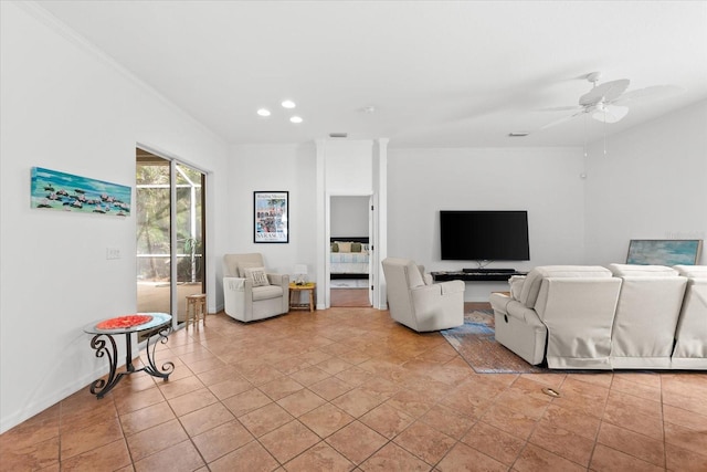 108 Corte Del Rosa, Venice, FL 34285 - living area featuring recessed lighting, ceiling fan, and ornamental molding