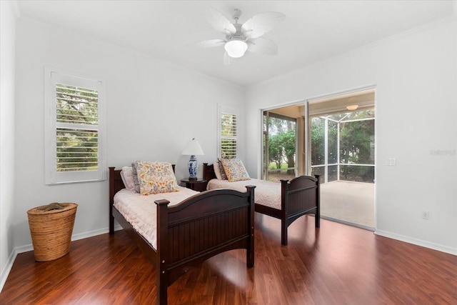 108 Corte Del Rosa, Venice, FL 34285 - bedroom featuring wood finished floors, multiple windows, access to exterior, and a ceiling fan