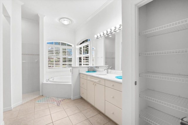 108 Corte Del Rosa, Venice, FL 34285 - bathroom with a bath, vanity, tile patterned floors, and crown molding