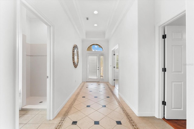 108 Corte Del Rosa, Venice, FL 34285 - hallway featuring crown molding, inlaid floor details, light tile patterned floors, and recessed lighting