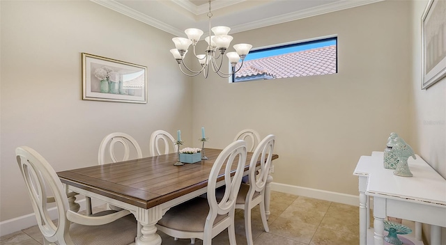 dining area with light tile patterned floors, an inviting chandelier, and crown molding