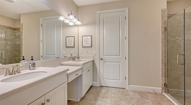 bathroom featuring tile patterned flooring, vanity, and walk in shower