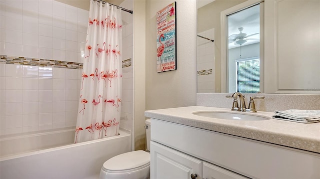 full bathroom with shower / tub combo, vanity, toilet, and ceiling fan