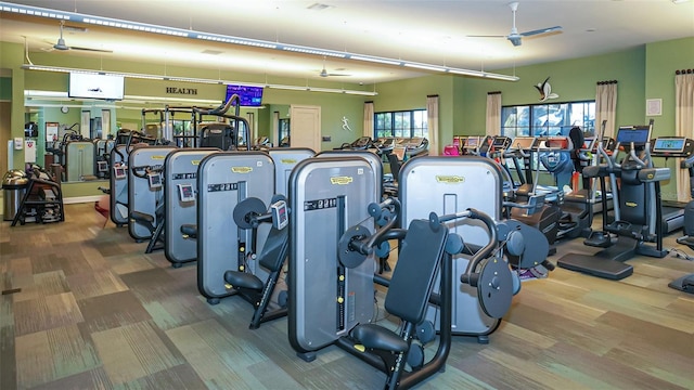 workout area featuring ceiling fan