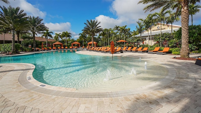 view of pool featuring pool water feature