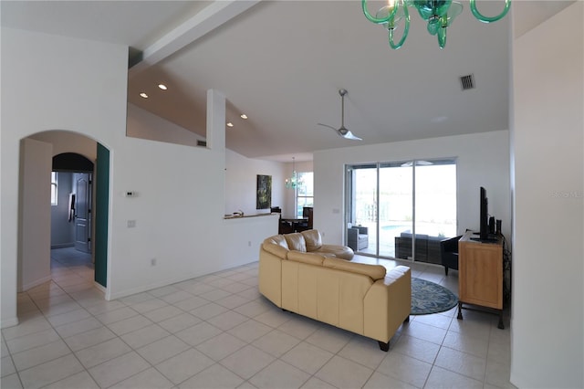 living room with an inviting chandelier, high vaulted ceiling, beamed ceiling, and light tile patterned flooring