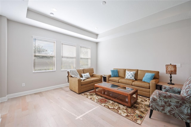 living room with a tray ceiling and light hardwood / wood-style flooring