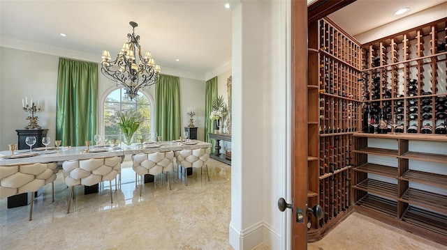 wine room with a chandelier and ornamental molding