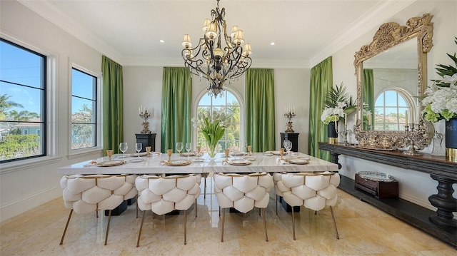 dining area featuring a notable chandelier, plenty of natural light, and ornamental molding