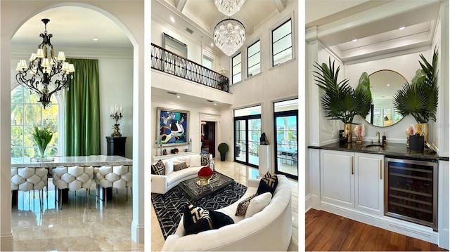 interior space featuring wine cooler, a wealth of natural light, french doors, and ornamental molding