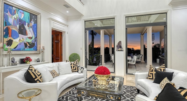 living room with crown molding