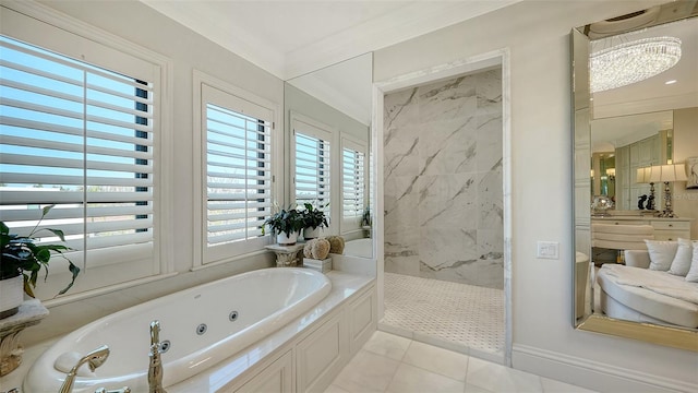 bathroom featuring tile patterned flooring, crown molding, and shower with separate bathtub